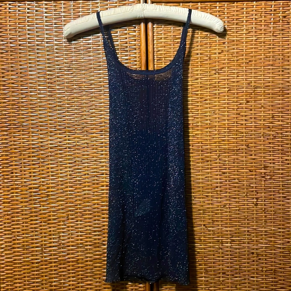 Iisli navy blue ribbed tank with silver lurex thread EUC size L cris cross back